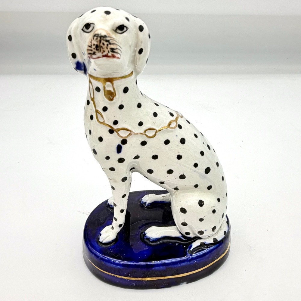 Antique Staffordshire 5-Inch Ceramic Dalmatian Figurine White Cobalt Gold Collar